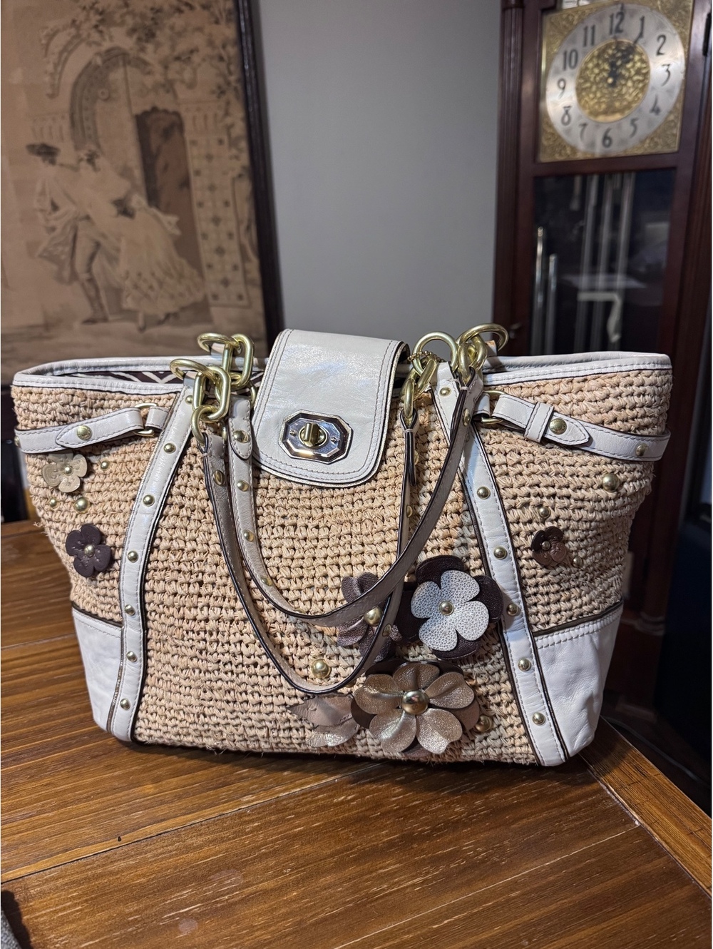 Coach Hamptons Natalie 16763 Raffia Straw Floral Leather Tote Zebra Lining Tags